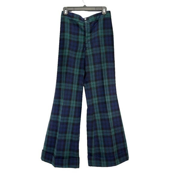 VTG Plaid Tartan Preppy Flared Cuffed Wool Blue Green Black Handmaid Pants sz 29 - Picture 2 of 6